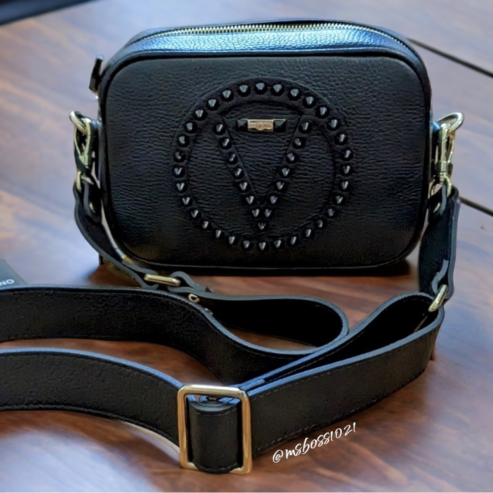 Valentino Mia Studded “V” Leather Camera Crossbody in Black NWT